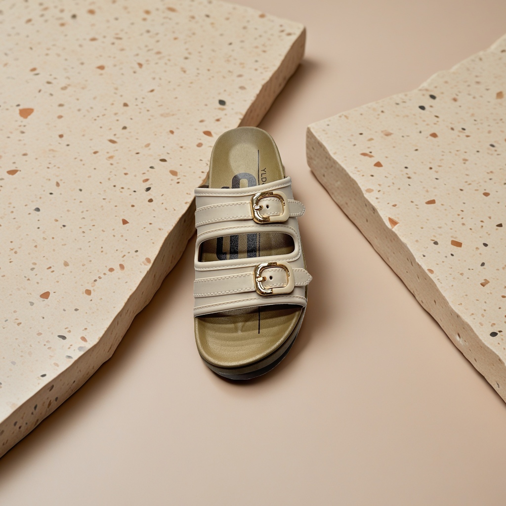 Beige double-buckle flip-flops for women, summer breathable, anti-slip, soft sole, casual flat Specification image
