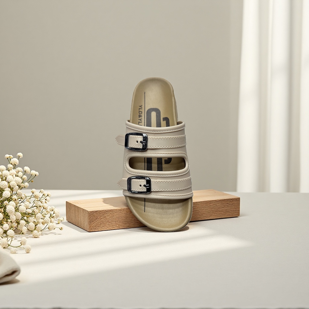 Beige double-buckle sandals for women, summer flat breathable casual shoes details Picture
