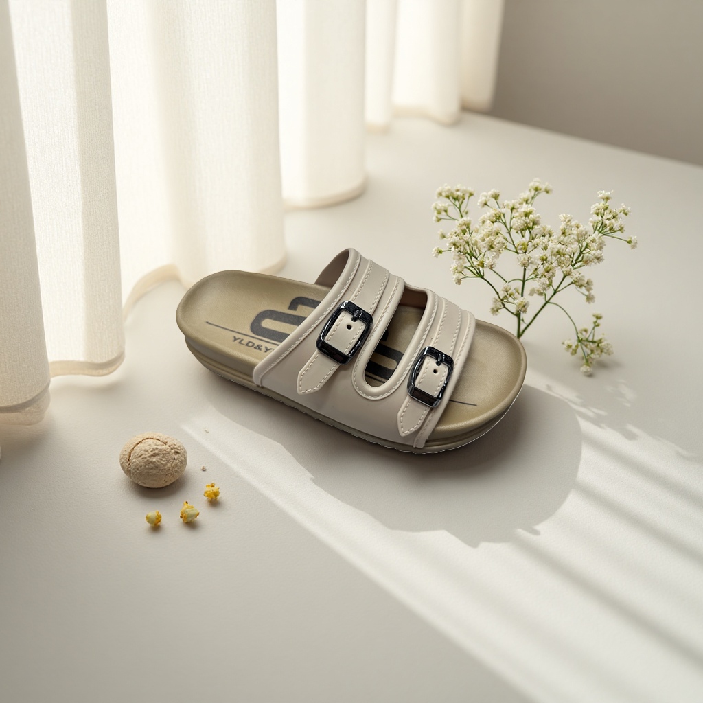 Beige double-buckle sandals for women, summer flat breathable casual shoes Application Scenario