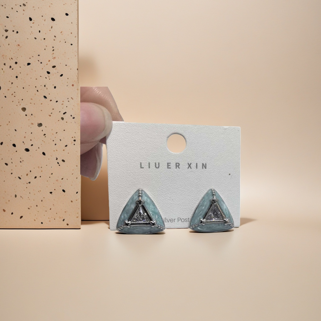 Triangular blue-green stud earrings in a fashionable, simple and geometric style details Picture