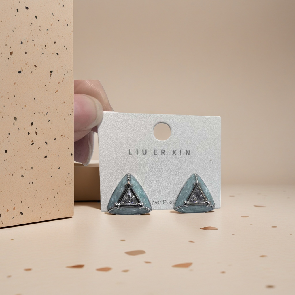 Triangular blue-green stud earrings in a fashionable, simple and geometric style Specification image