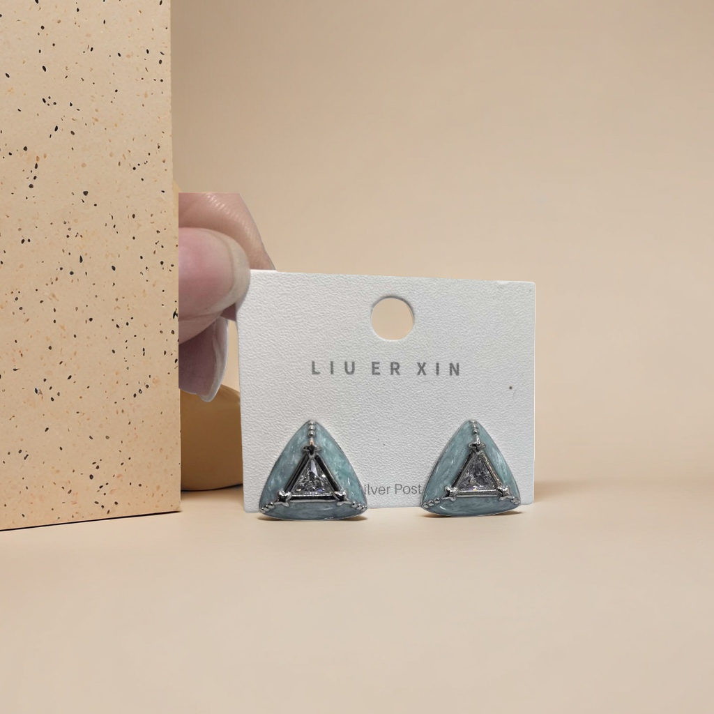 Triangular blue-green stud earrings in a fashionable, simple and geometric style