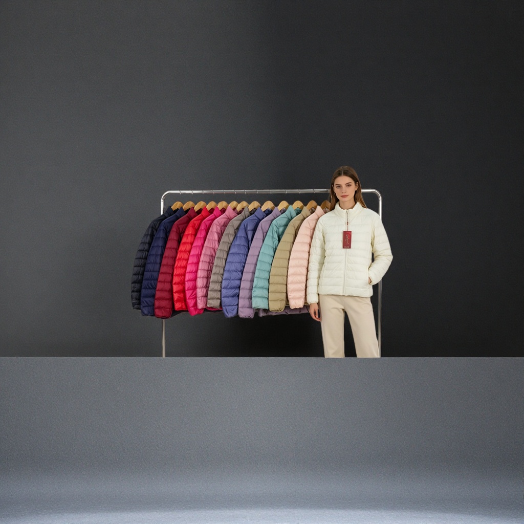 Colorful 50-down white duck down jacket for women, light, warm, mid-length and basic style Application Scenario