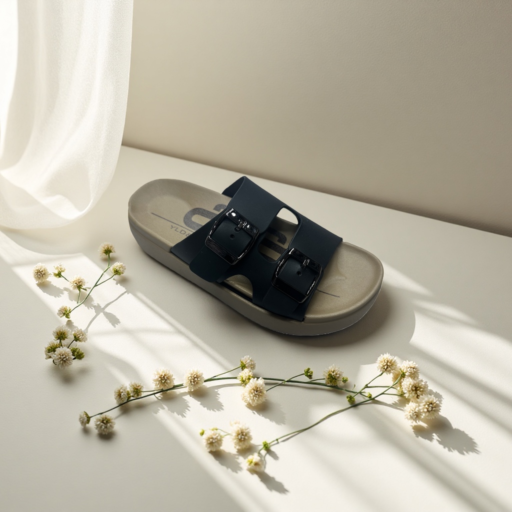 Black double-buckle sandals for women, summer breathable, anti-slip, flat and casual Specification image