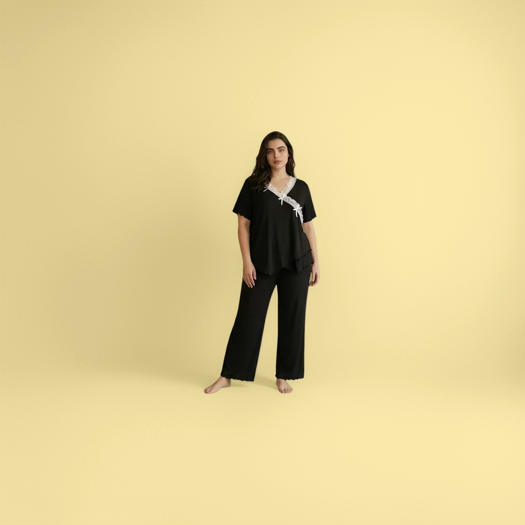黑色女士睡衣套装 女性模特同款休闲家居服