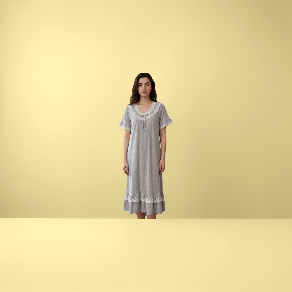 灰色蕾丝边女士睡裙女模同款舒适亲肤夏季薄款