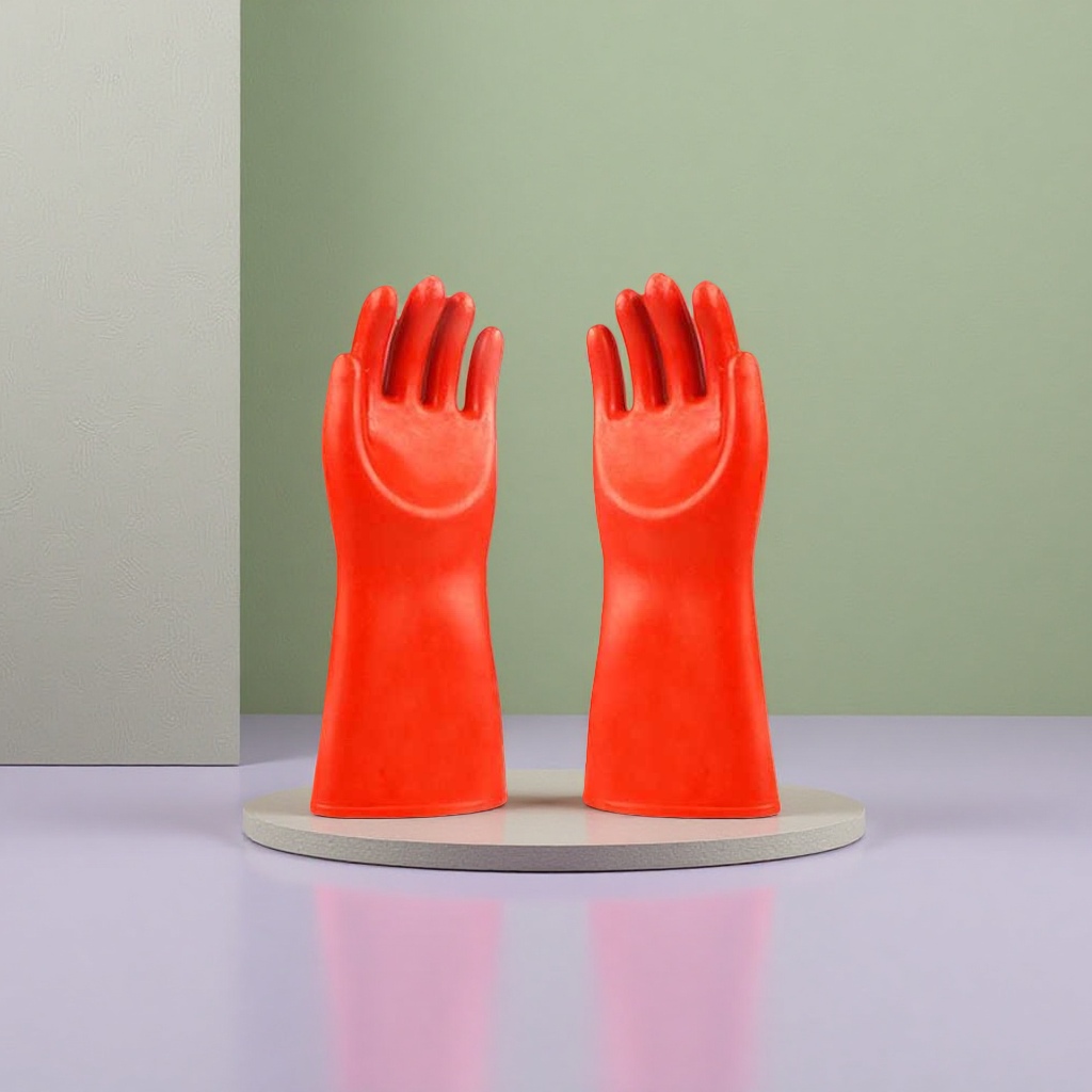 High-voltage insulated red rubber gloves for electrical work protection, resistant to high voltage and preventing electric shock