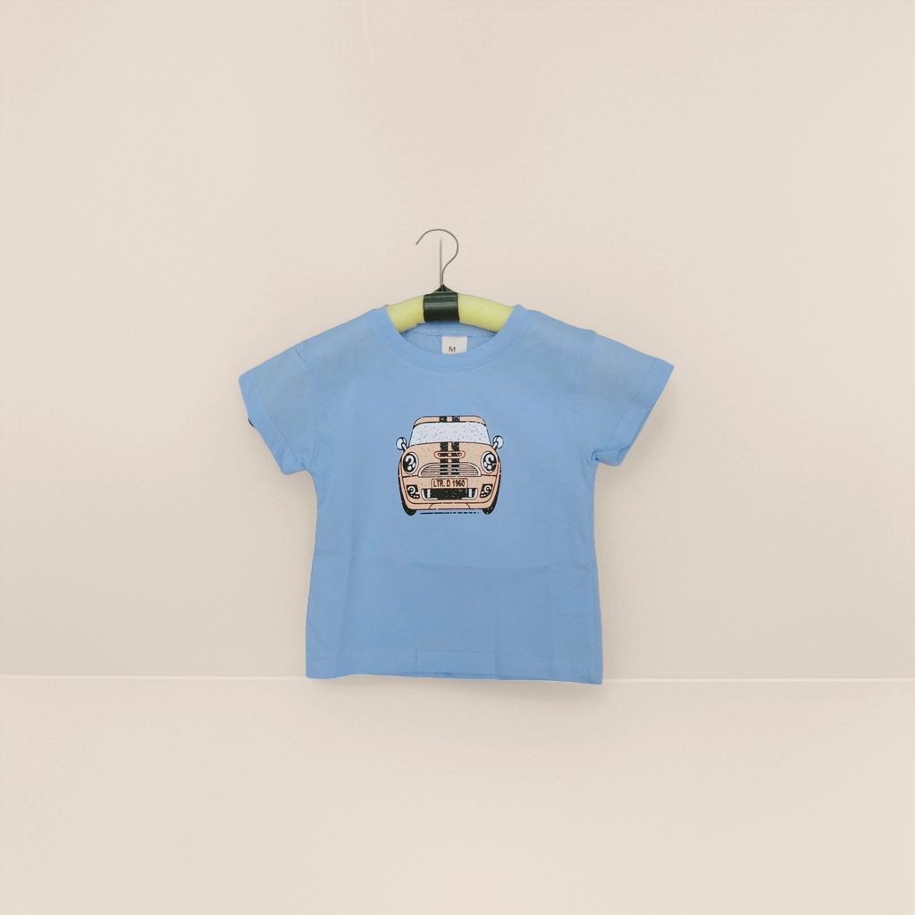 Blue cartoon car pattern T-shirt, pure cotton short-sleeved top for both men and women
