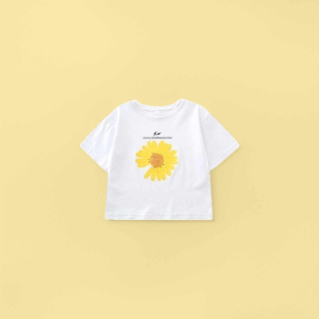 White T-shirt with yellow flower pattern, pure cotton short-sleeved top for both men and women