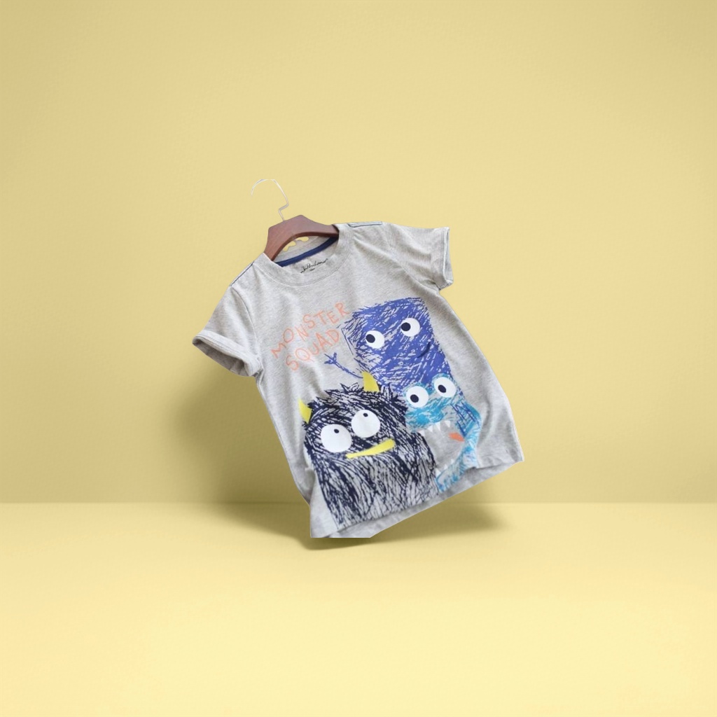 Grey cartoon monster pattern T-shirt for both men and women, pure cotton short-sleeved top