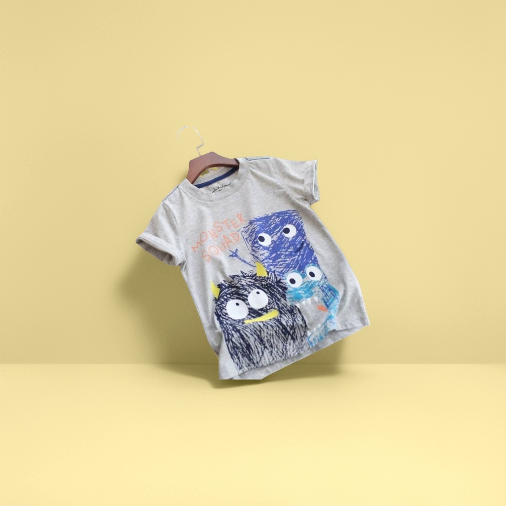 Grey cartoon monster pattern T-shirt for both men and women, pure cotton short-sleeved top details Picture