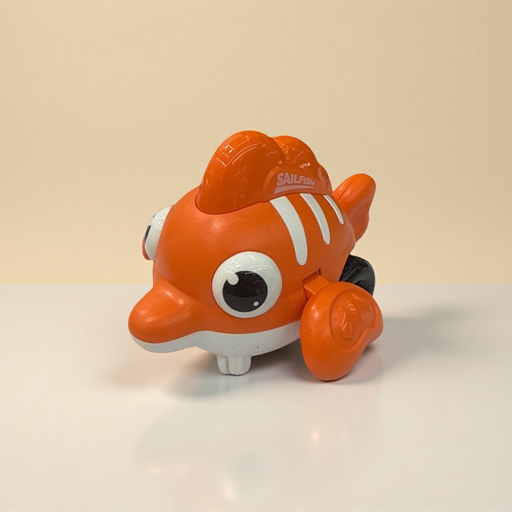 Orange fish-shaped toy car, children's educational swing car details Picture