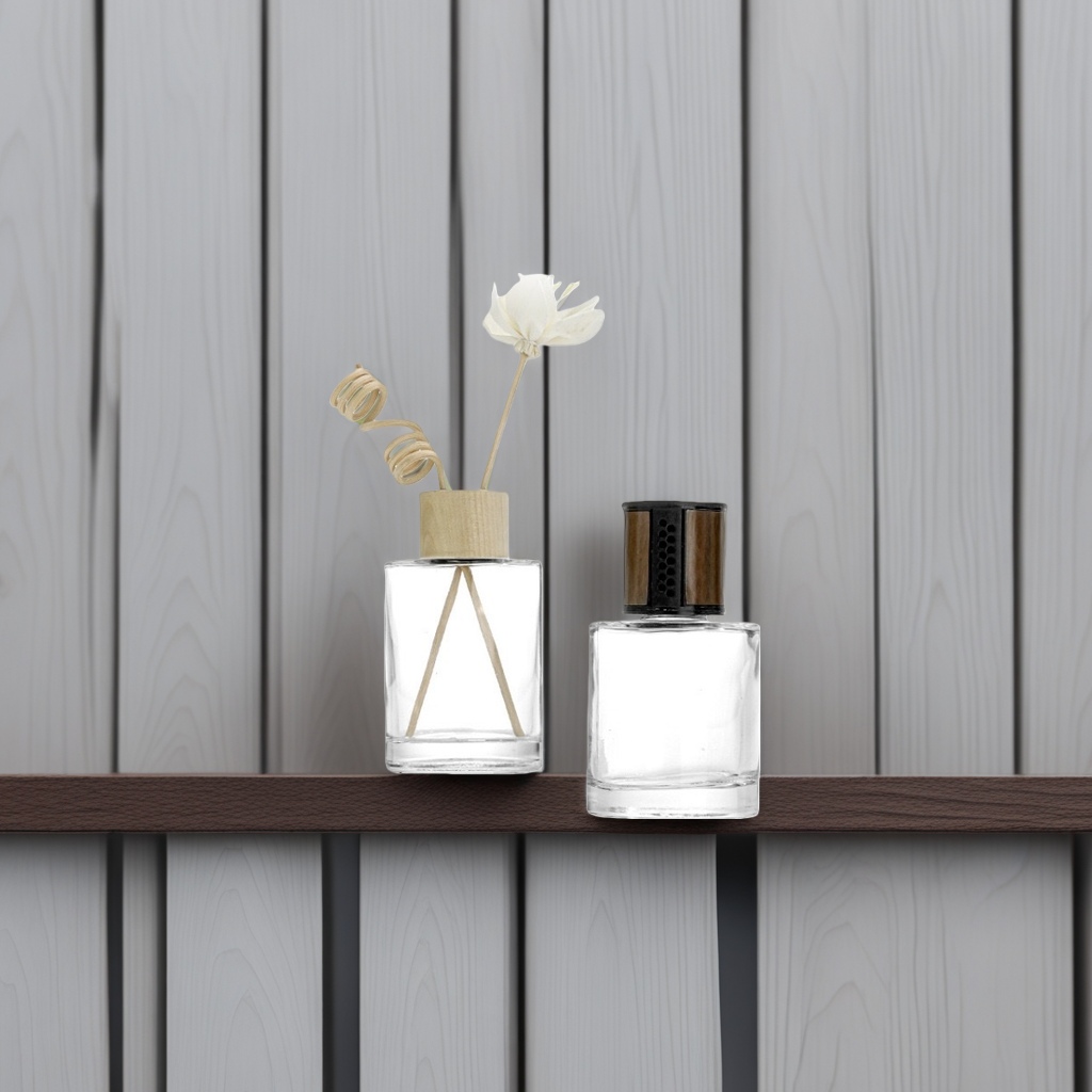 A home fragrance display item decorated with a glass bottle for aromatherapy, a cork, bamboo sticks and flowers