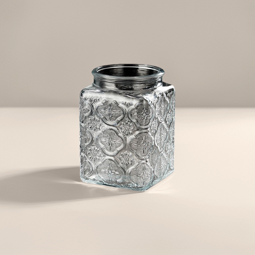 A transparent glass bottle with a square pattern design for storage, a household storage bottle container Application Scenario