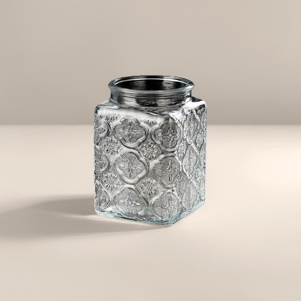 A transparent glass bottle with a square pattern design for storage, a household storage bottle container Specification image
