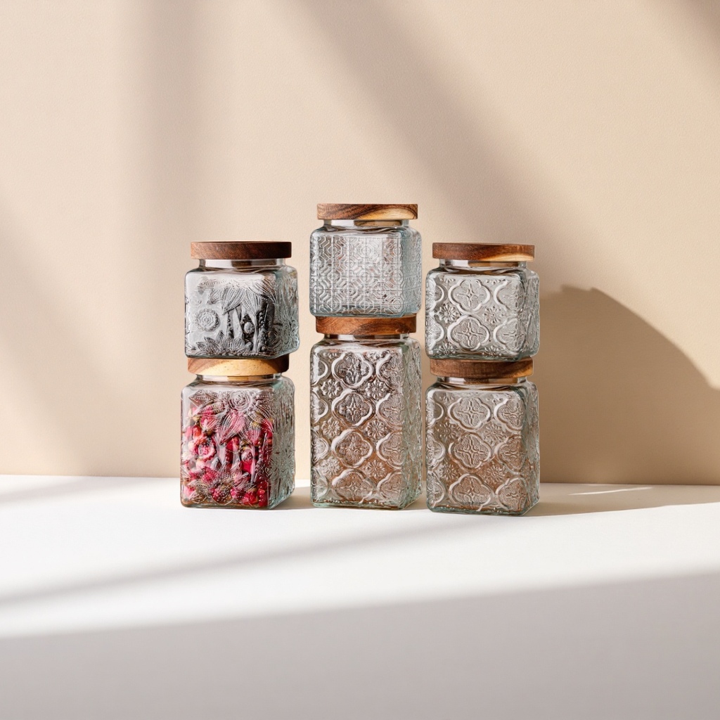 Retro-textured glass jar, transparent sealed storage jar, home kitchen storage jar Application Scenario