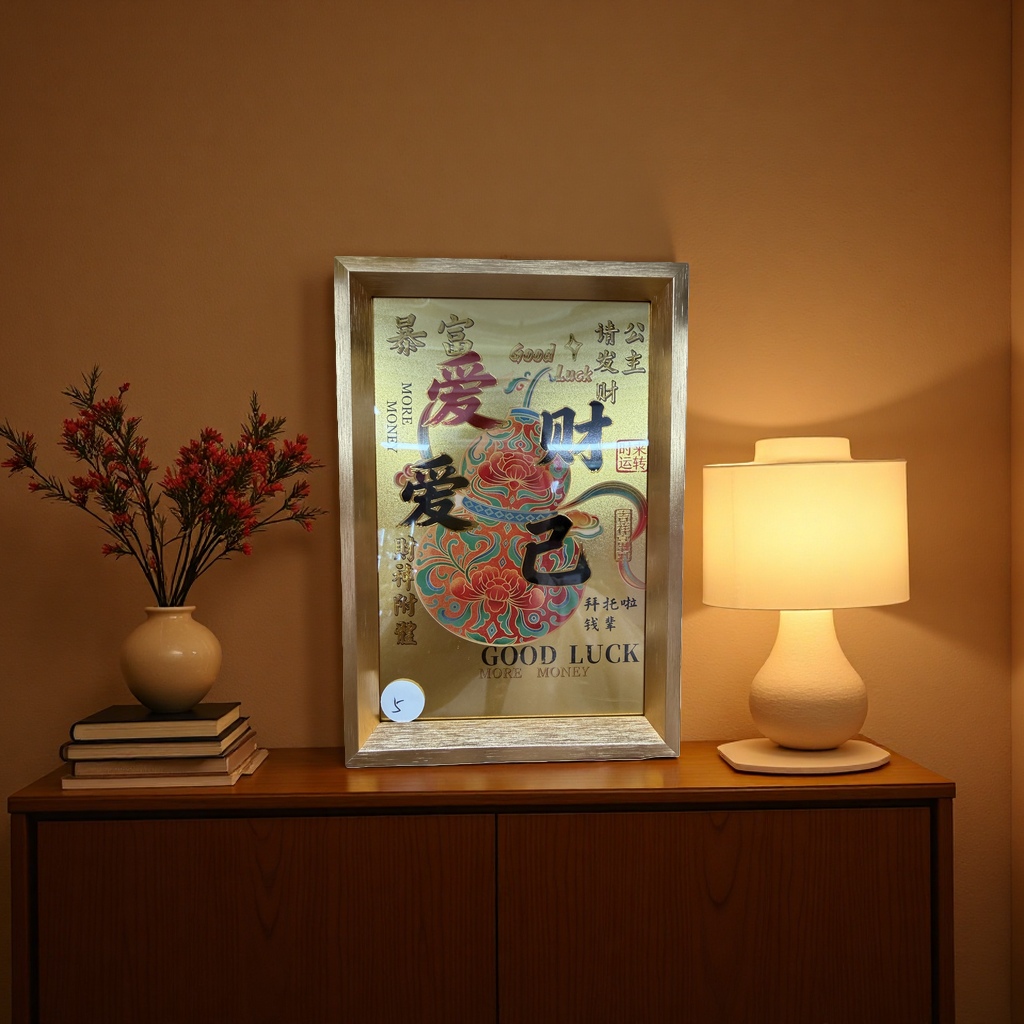 金色背景财爱字装饰画 红色花纹GOOD LUCK MORE MONEY艺术挂画