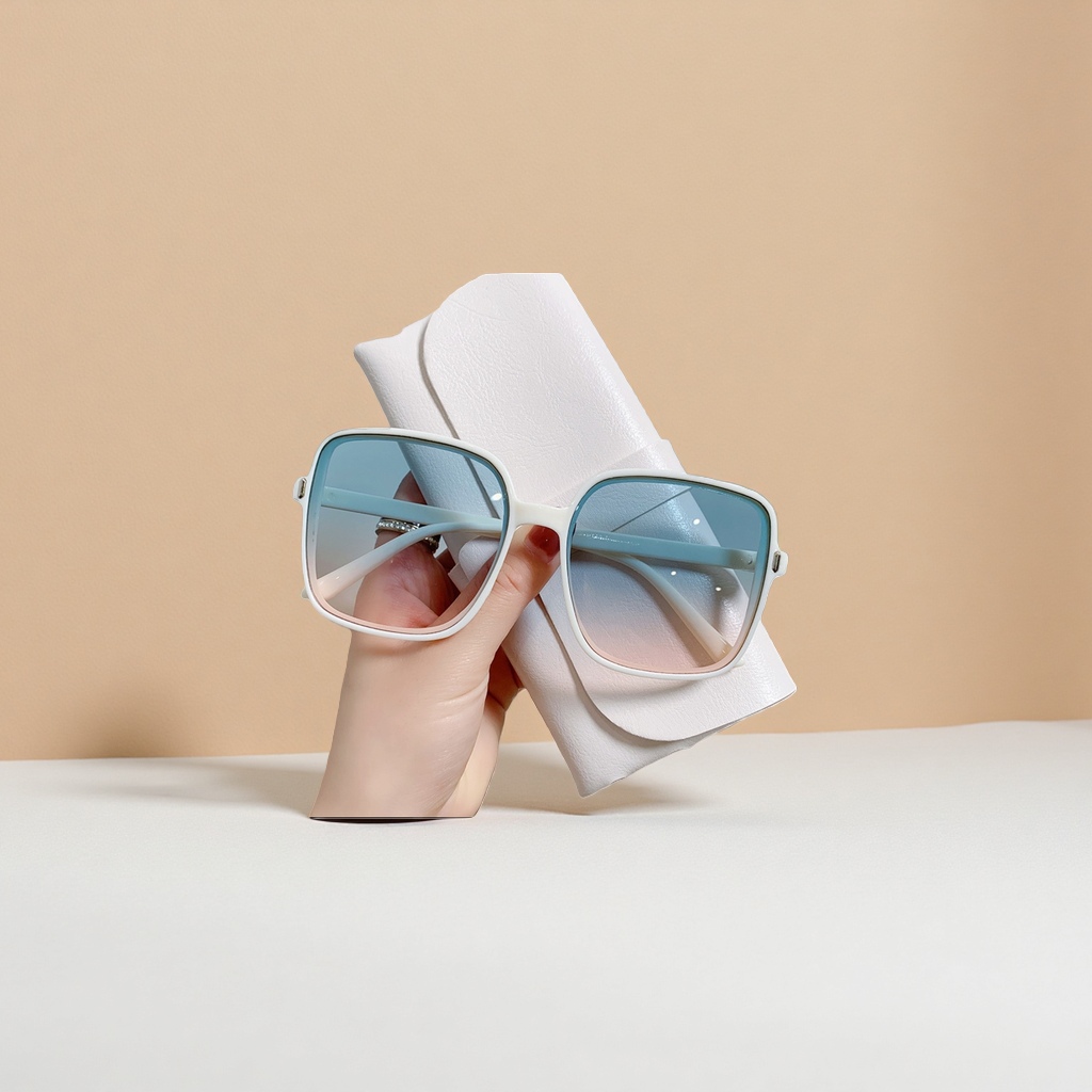 White square-framed sunglasses with gradient blue lenses