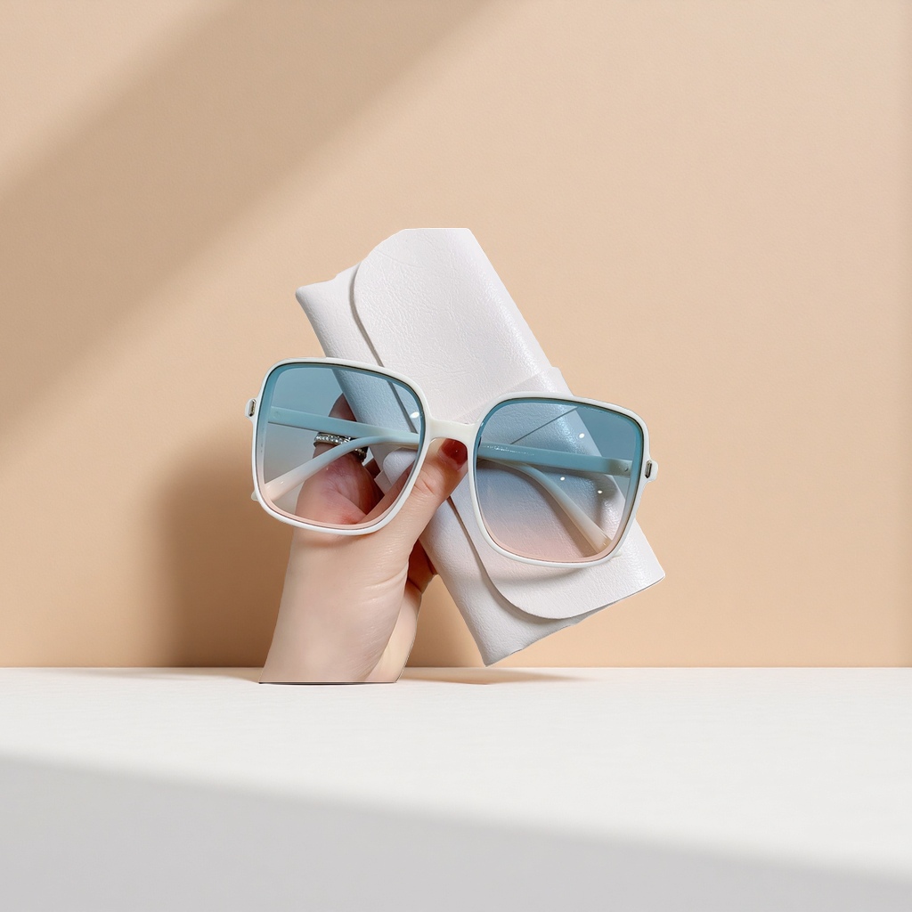 White square-framed sunglasses with gradient blue lenses Application Scenario