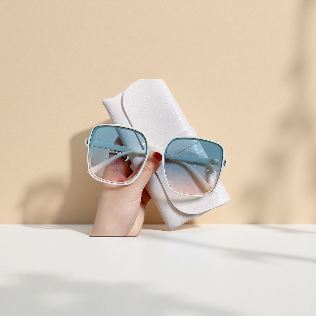 White square-framed sunglasses with gradient blue lenses details Picture