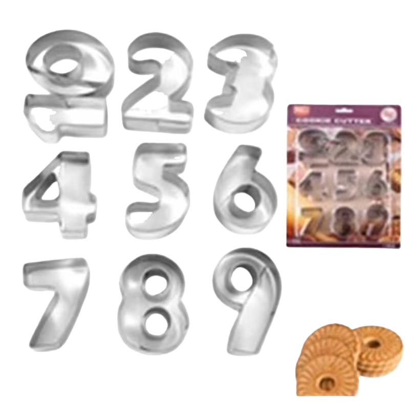Metal digital cookie mold 0 to 9 set, including packaging box and sample cookies Item Picture
