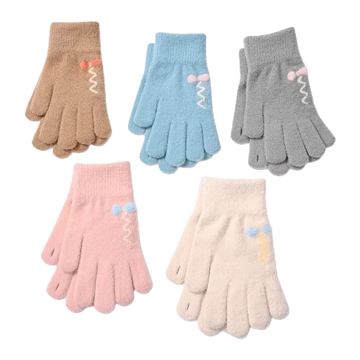Five pairs of woolen gloves in brown, blue, gray, pink and beige, decorated with wavy small balls, knitted winter Item Picture