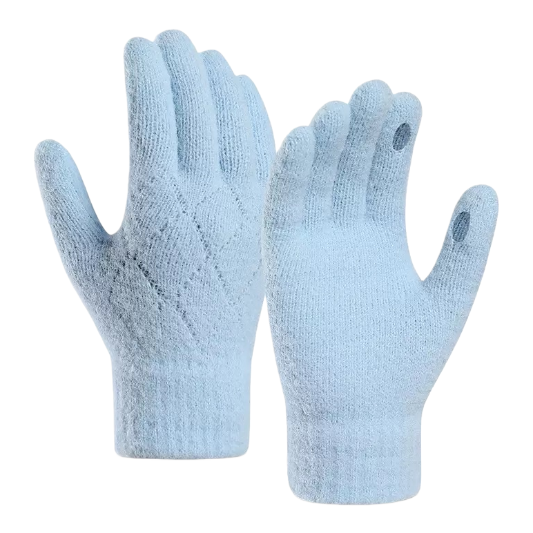 The blue knitted gloves with a hollowed-out design are suitable for both men and women, providing warmth, anti-slip and breathability Item Picture