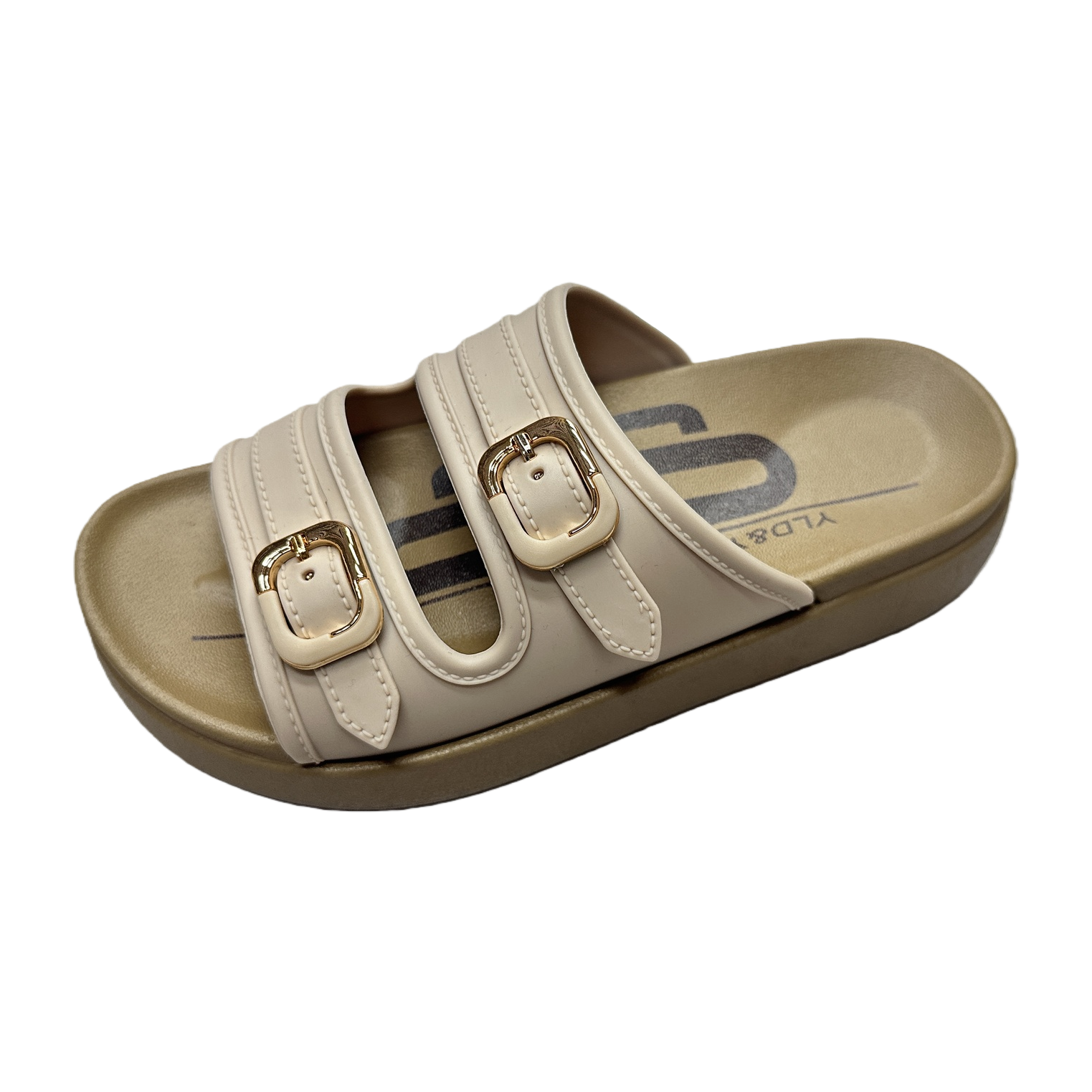 Beige double-buckle flip-flops for women, summer breathable, anti-slip, soft sole, casual flat Item Picture