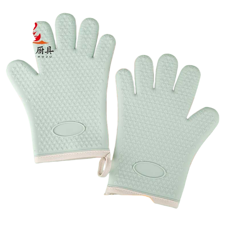 Light green silicone heat-resistant gloves, thickened and heat-resistant, for kitchen baking Item Picture