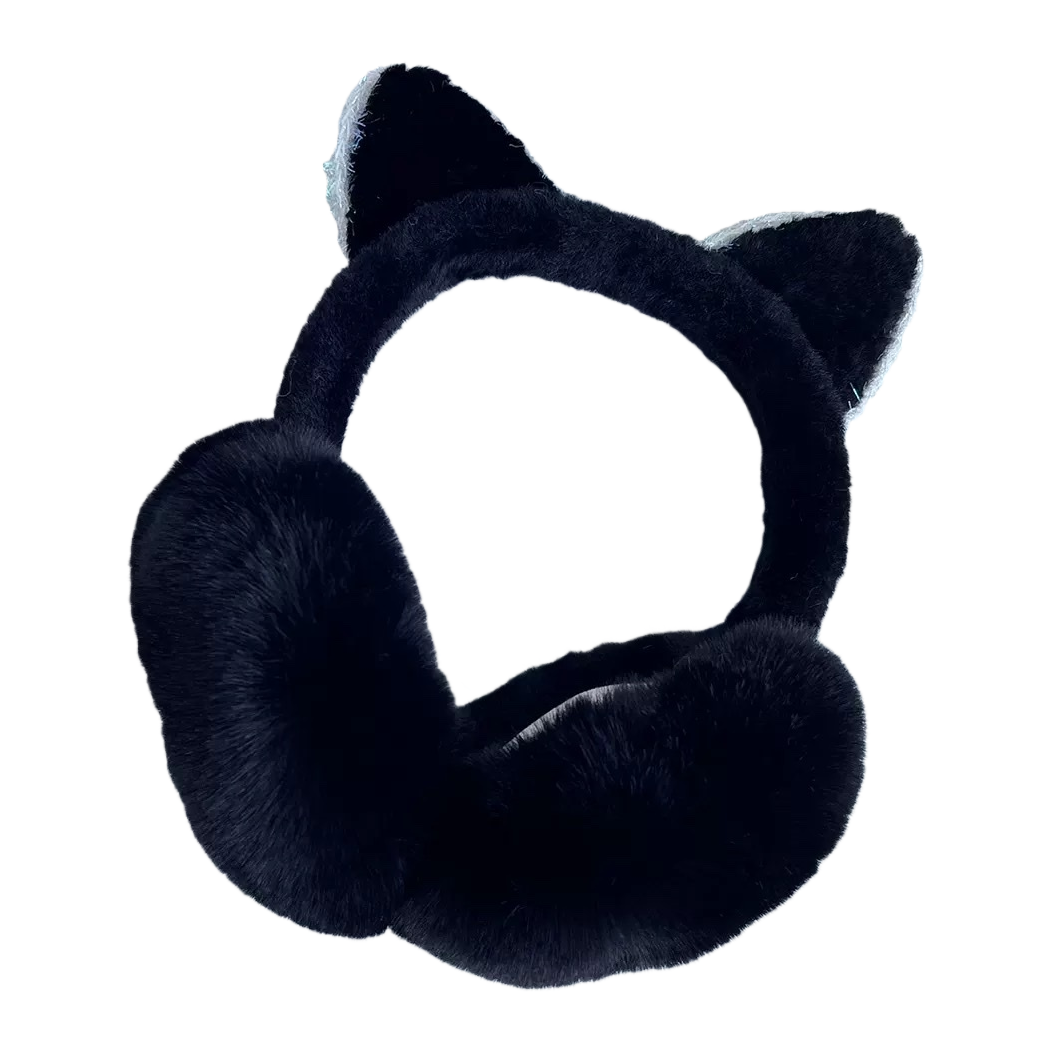 黑色毛绒猫耳耳罩白底实物图