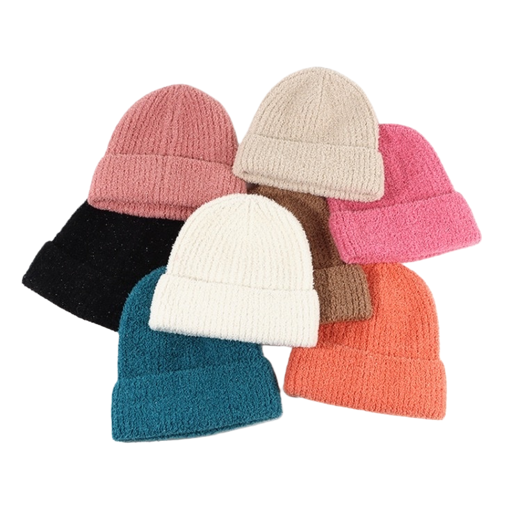 A bright silk solid-color knitted hat for women in autumn and winter, a warm woolen hat Item Picture