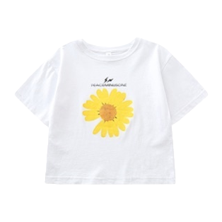 White T-shirt with yellow flower pattern, pure cotton short-sleeved top for both men and women Item Picture