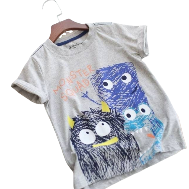 Grey cartoon monster pattern T-shirt for both men and women, pure cotton short-sleeved top Item Picture