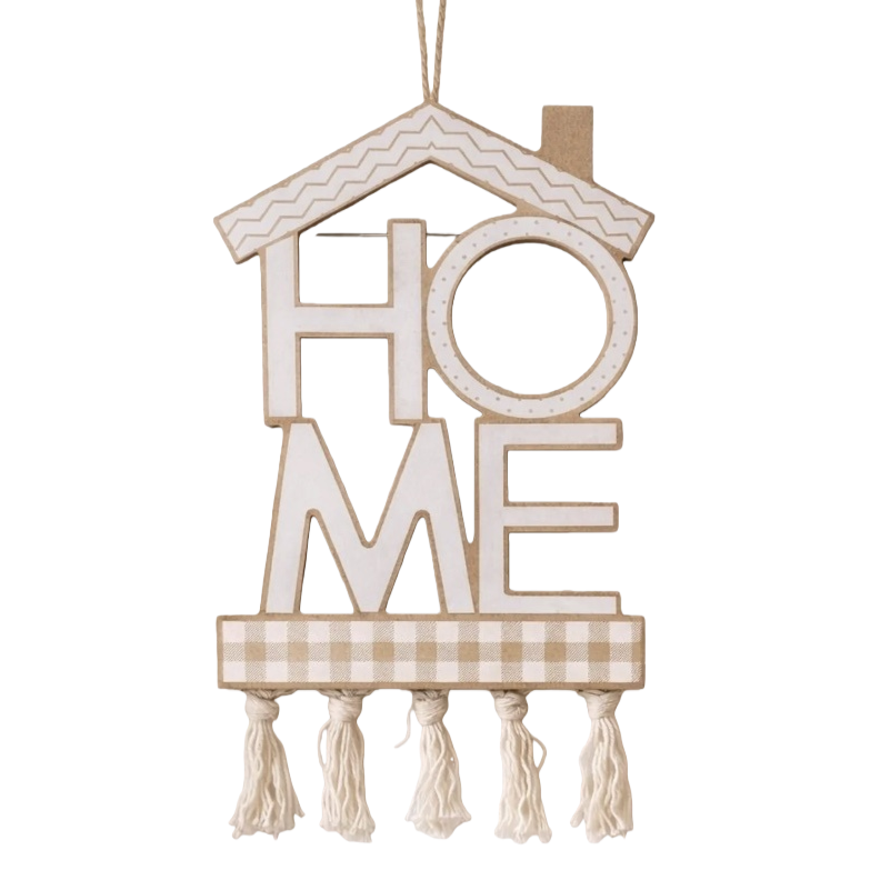 The house is shaped like a HOME with wavy roof, checkered bottom and tassel decoration Item Picture