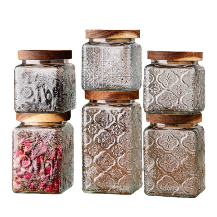 Retro-textured glass jar, transparent sealed storage jar, home kitchen storage jar Item Picture