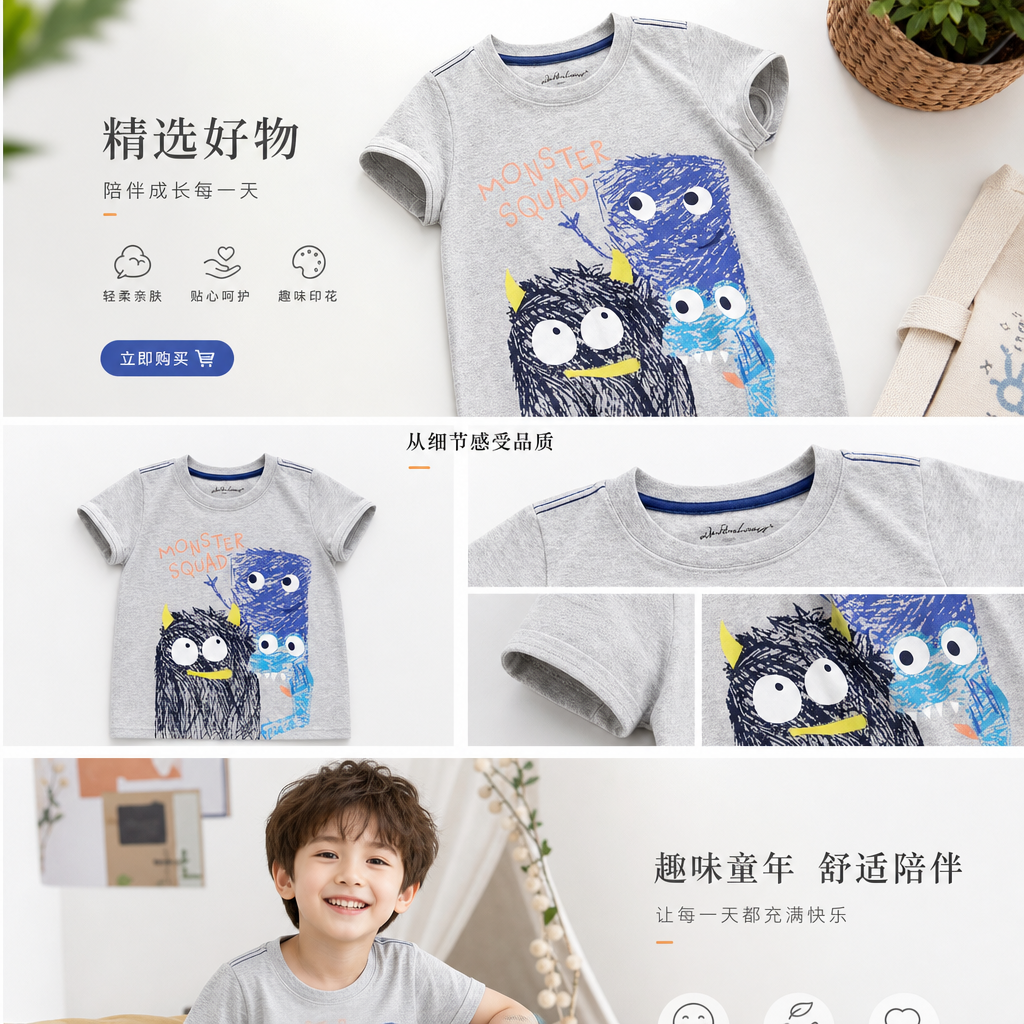 Grey cartoon monster pattern T-shirt for both men and women, pure cotton short-sleeved top pic 1