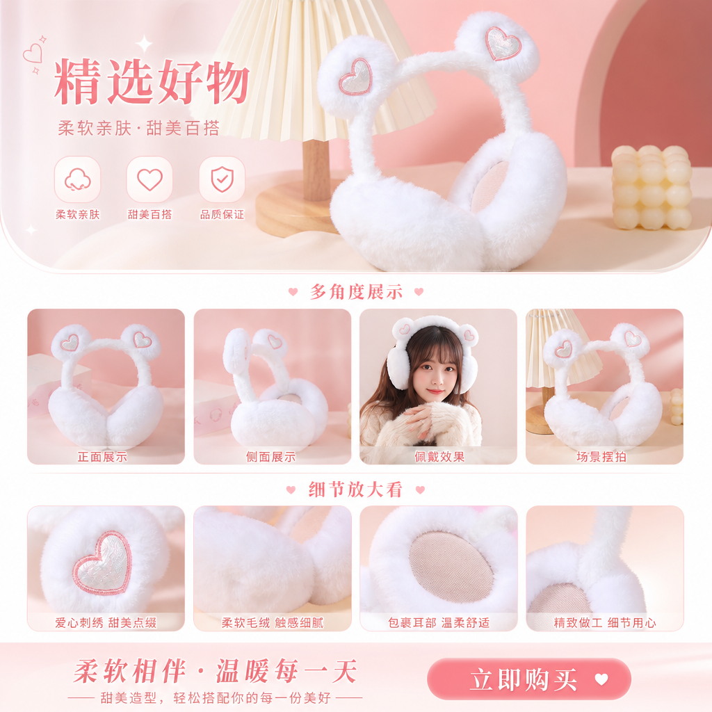 白色毛绒耳罩 心形装饰保暖耳罩 柔软亲肤冬日必备详情1