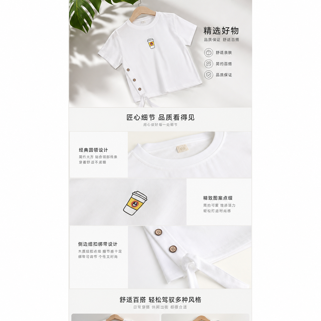Pure cotton white T-shirt, children's short-sleeved round-neck basic versatile top pic 1