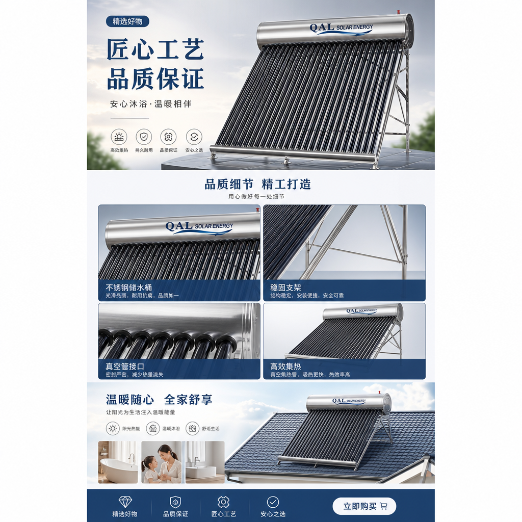 太阳能热水器家用铜管集热器屋顶安装节能省电详情1