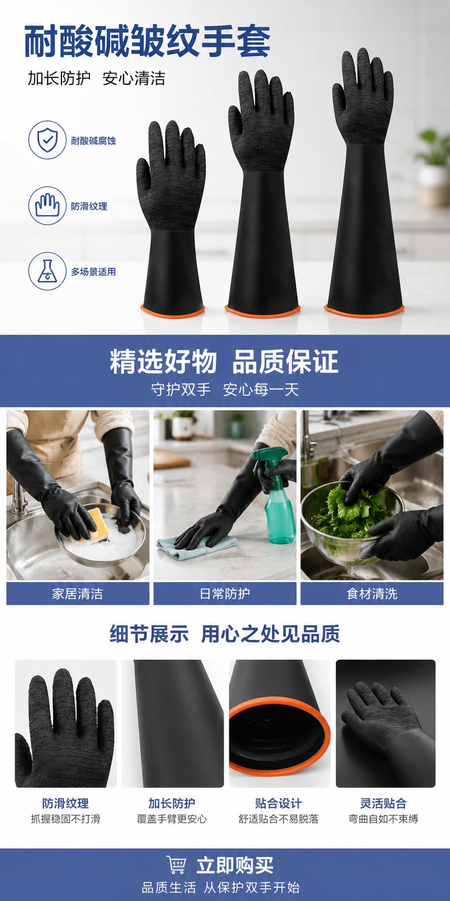 Acid and alkali resistant, wrinkled black rubber gloves, anti-slip and wear-resistant industrial protective gloves pic 1