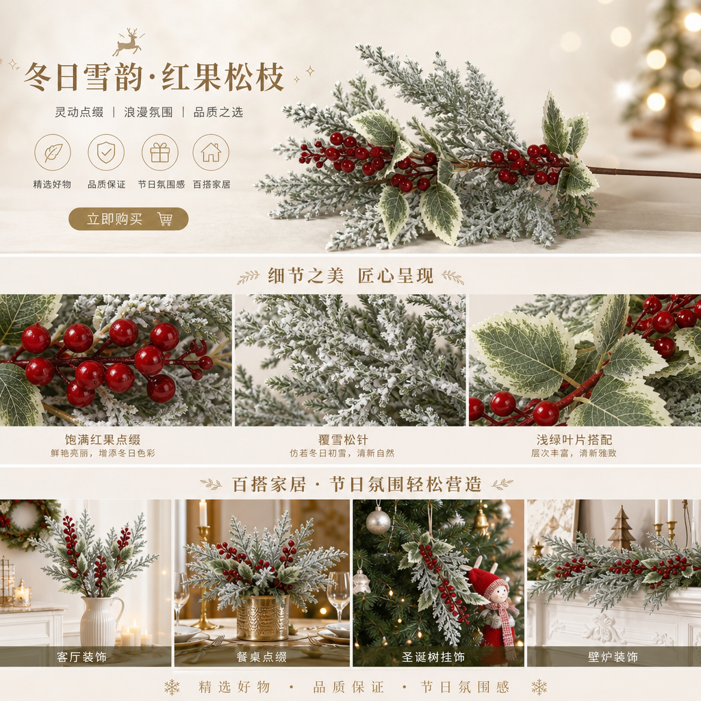 圣诞装饰枝条蝴蝶结花球胡桃夹子套装节日氛围 decor详情1