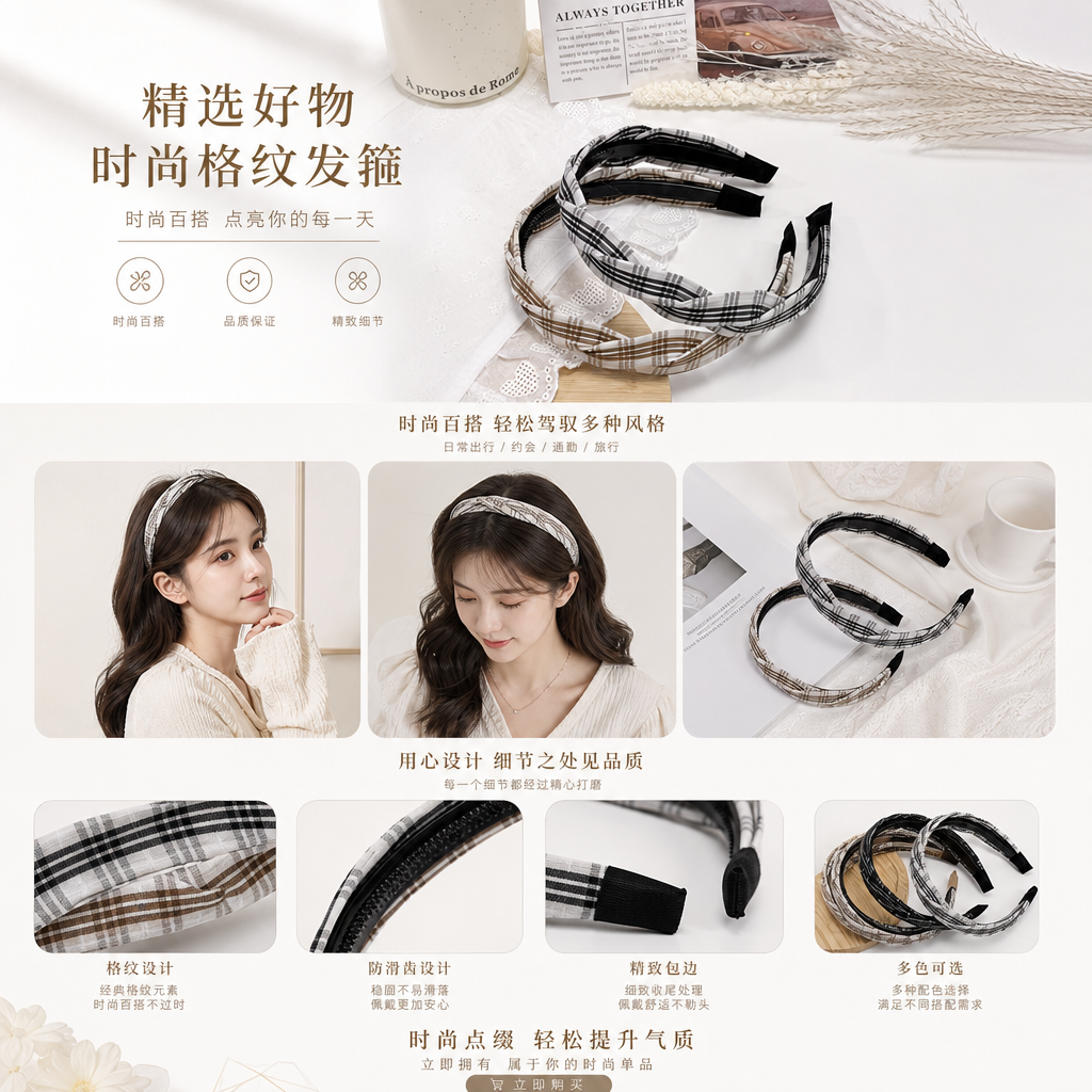 格子图案布艺打结汉服头饰发箍 优雅头箍女头箍详情1