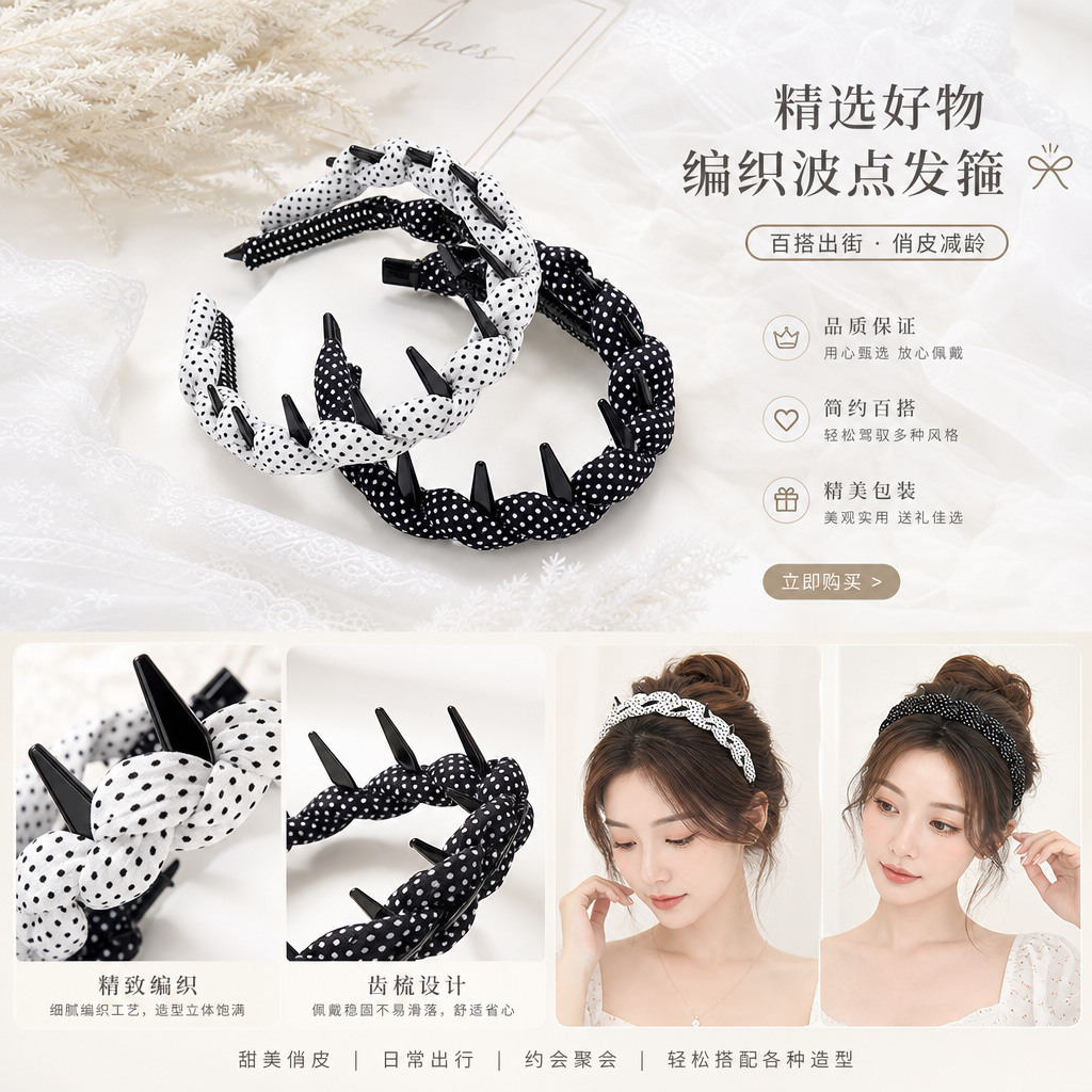 韩系百搭白色波点带齿波浪发箍女温柔头饰高颅顶洗脸日常头箍定制详情1