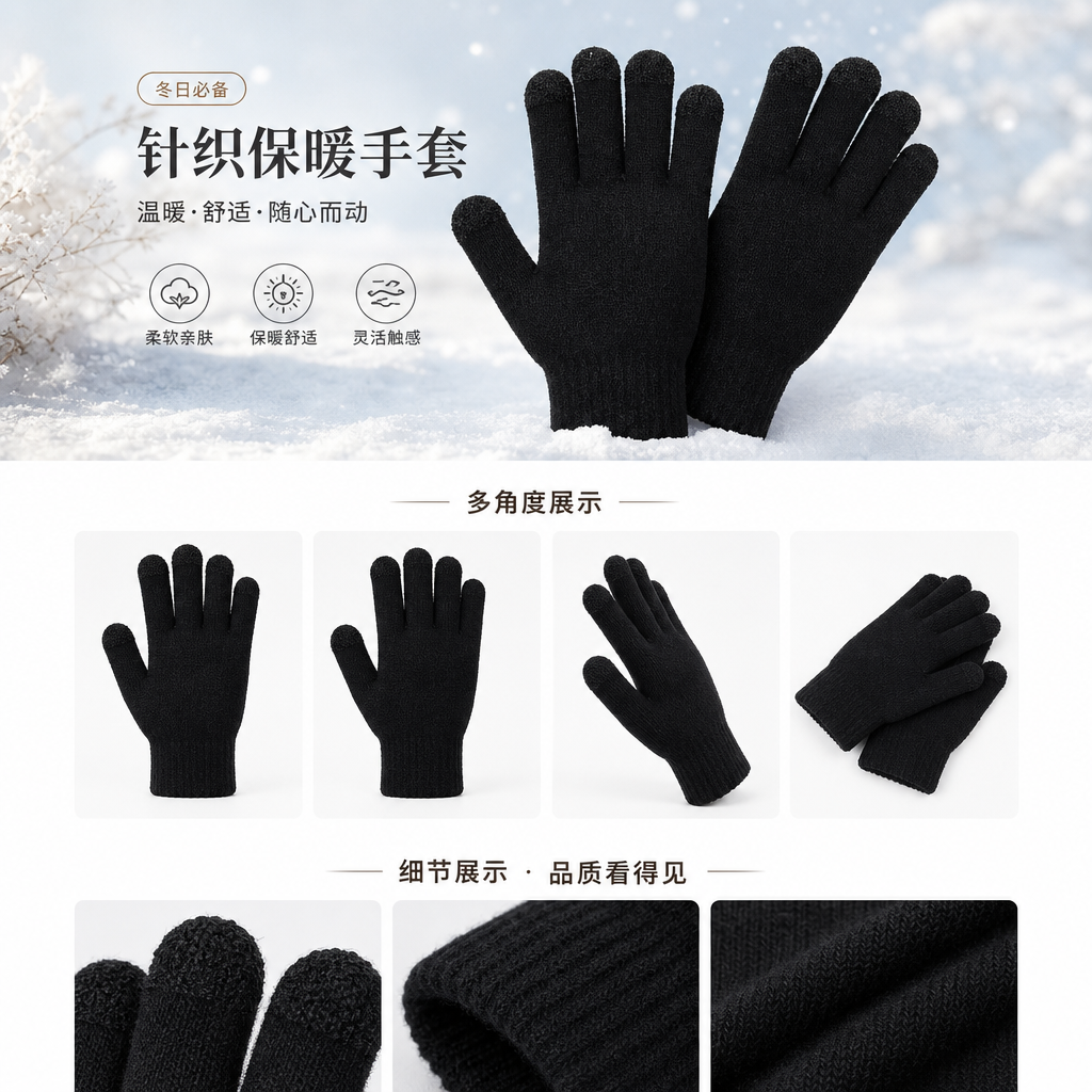 黑色针织保暖手套 女士秋冬加厚防寒护手款详情1