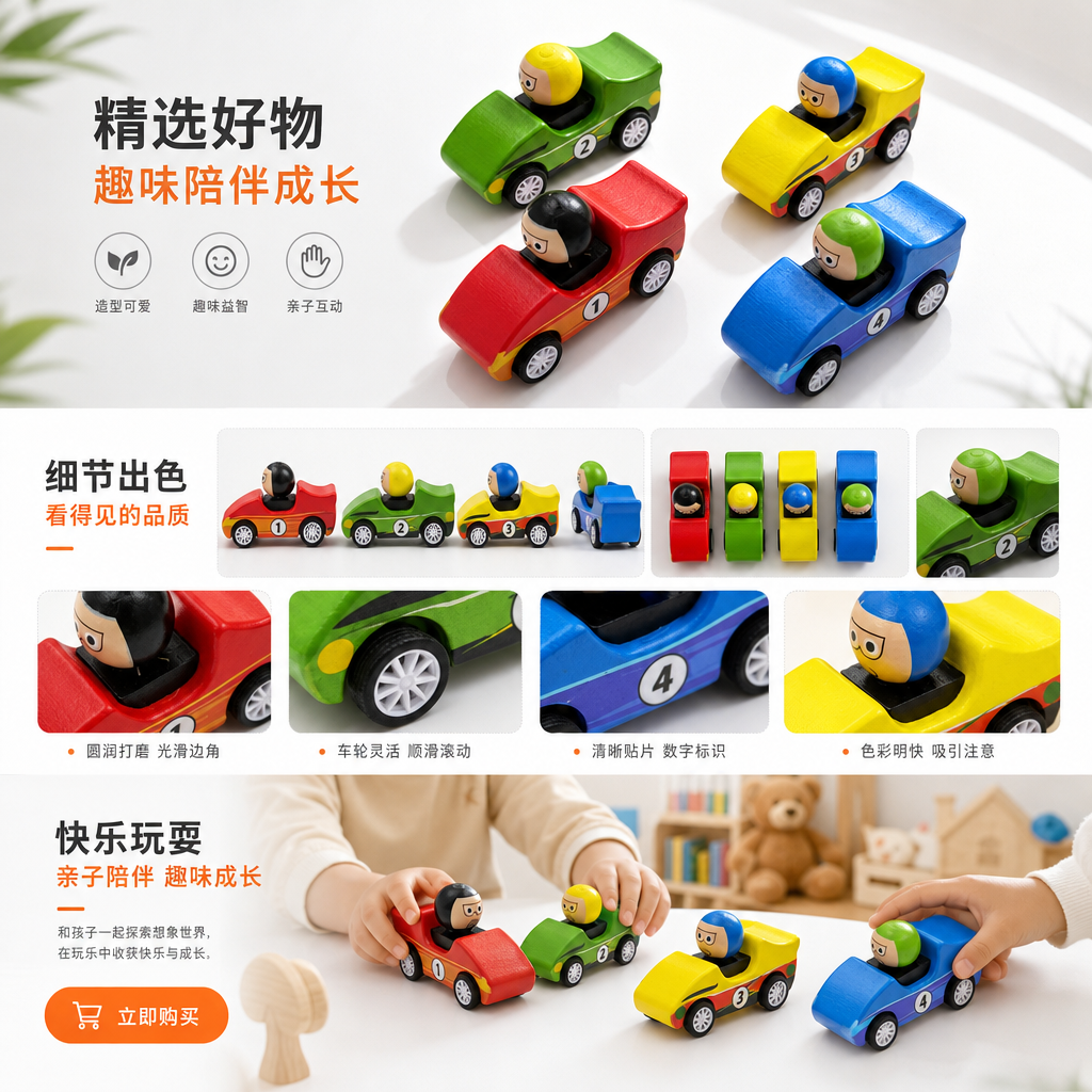 四辆彩色木制玩具赛车 儿童益智早教木质小汽车详情1