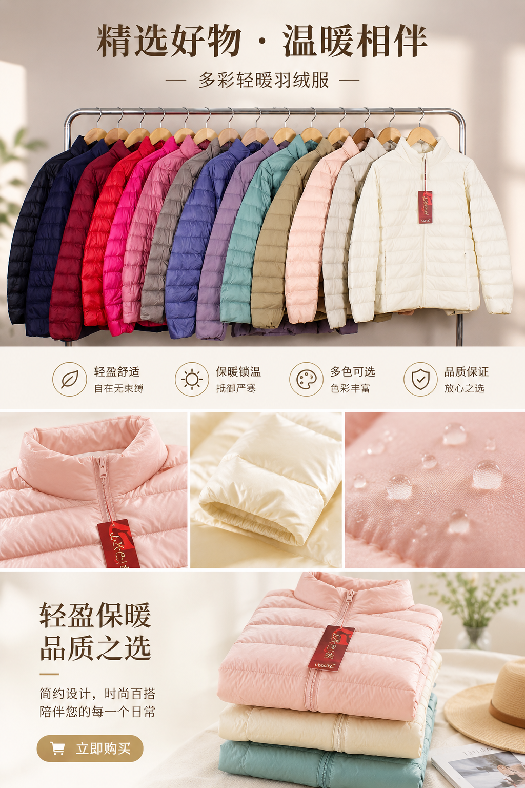 Colorful 50-down white duck down jacket for women, light, warm, mid-length and basic style pic 1