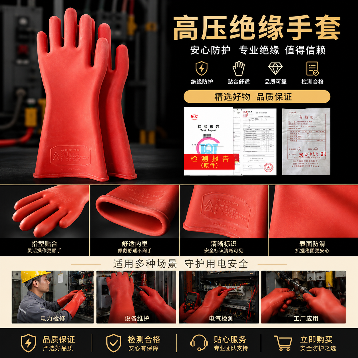 红色高压绝缘手套 电工防触电耐高压防护手套详情1