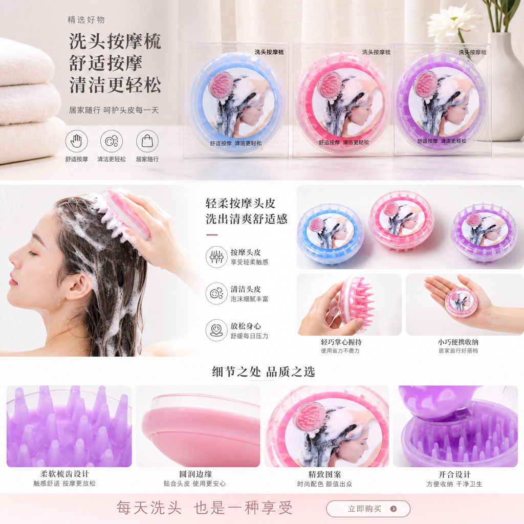 头皮按摩洗头刷 家用硅胶塑料材质洗头刷 成人用沐浴梳头皮止痒抓详情1