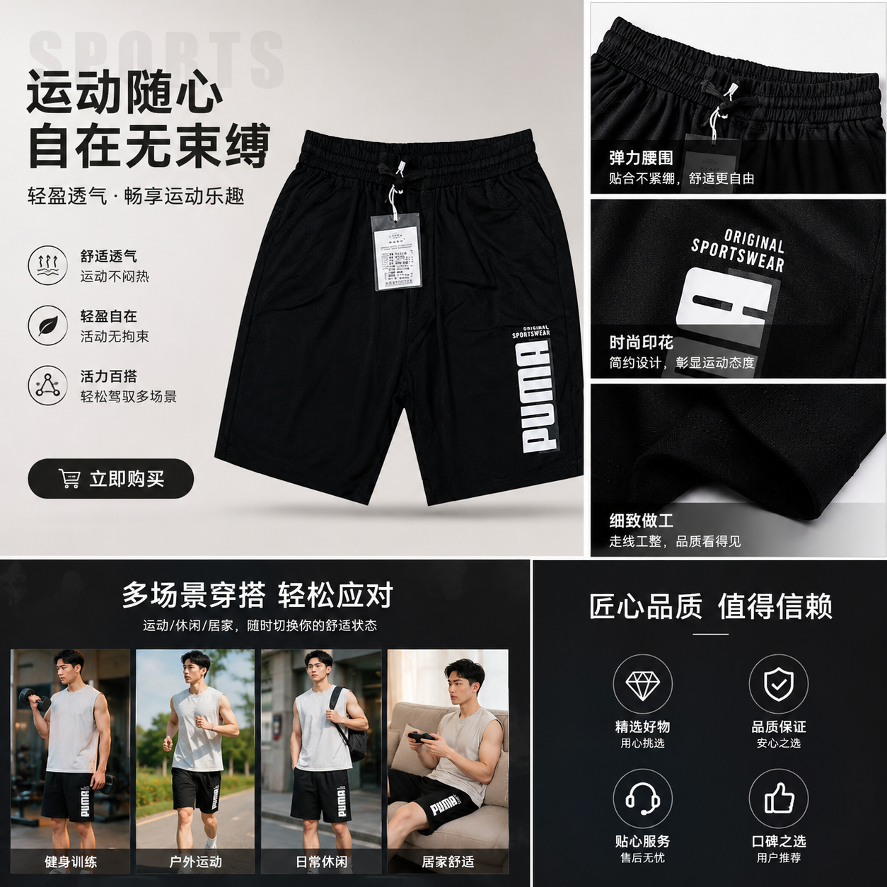 Black sports shorts, quick-drying, breathable, high-elasticity, fitness, running and casual men's style pic 1