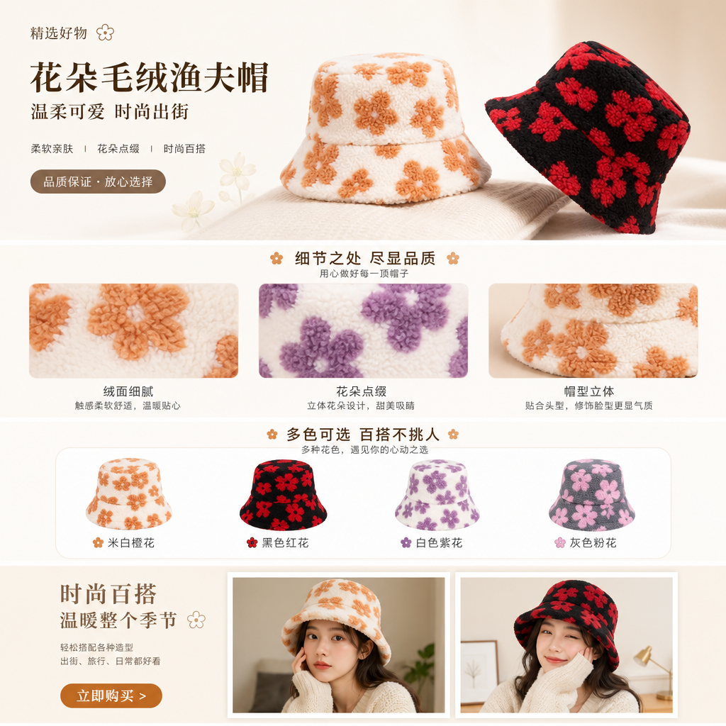 毛绒渔夫帽 带耳罩保暖冬季女士休闲帽子详情1